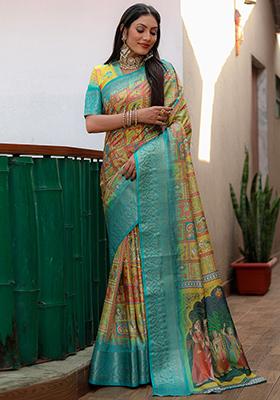Yellow Kalamkari Print Silk Saree Set