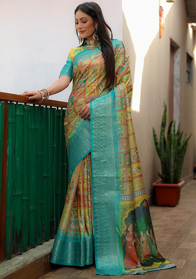 Yellow Kalamkari Print Silk Saree Set