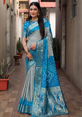 Blue Zari Work Silk Saree Set