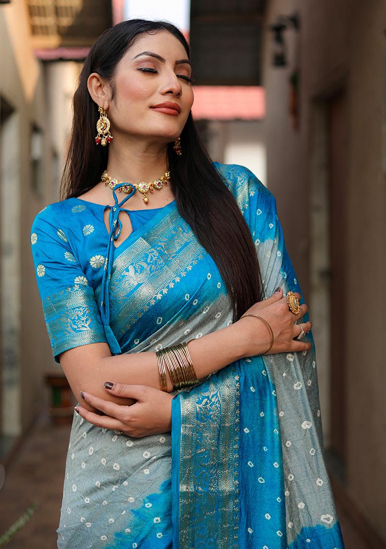 Blue Zari Work Silk Saree Set