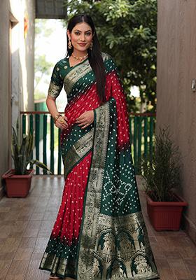 Dark Green Zari Work Silk Saree Set