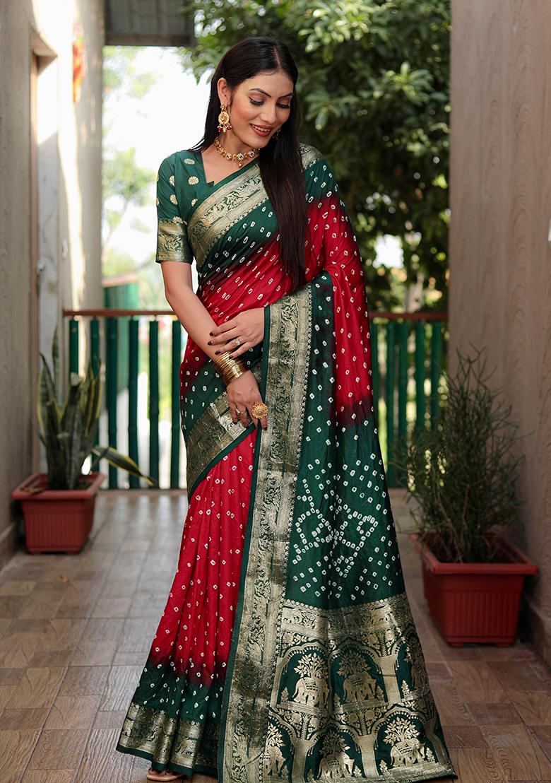 Dark Green Zari Work Silk Saree Set