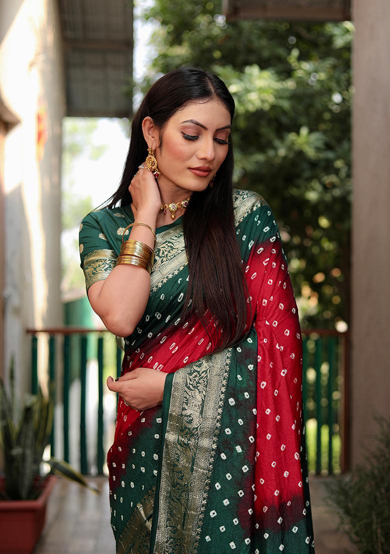 Dark Green Zari Work Silk Saree Set