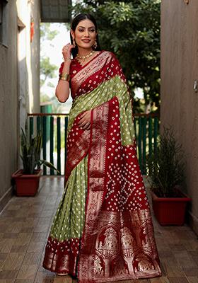 Dark Red Zari Work Silk Saree Set