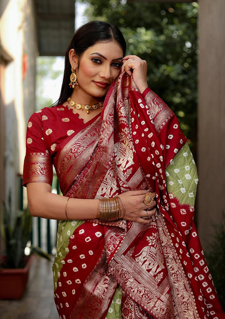Dark Red Zari Work Silk Saree Set