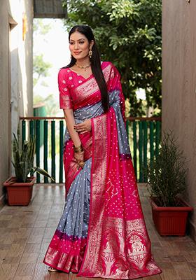 Grey Zari Work Silk Saree Set