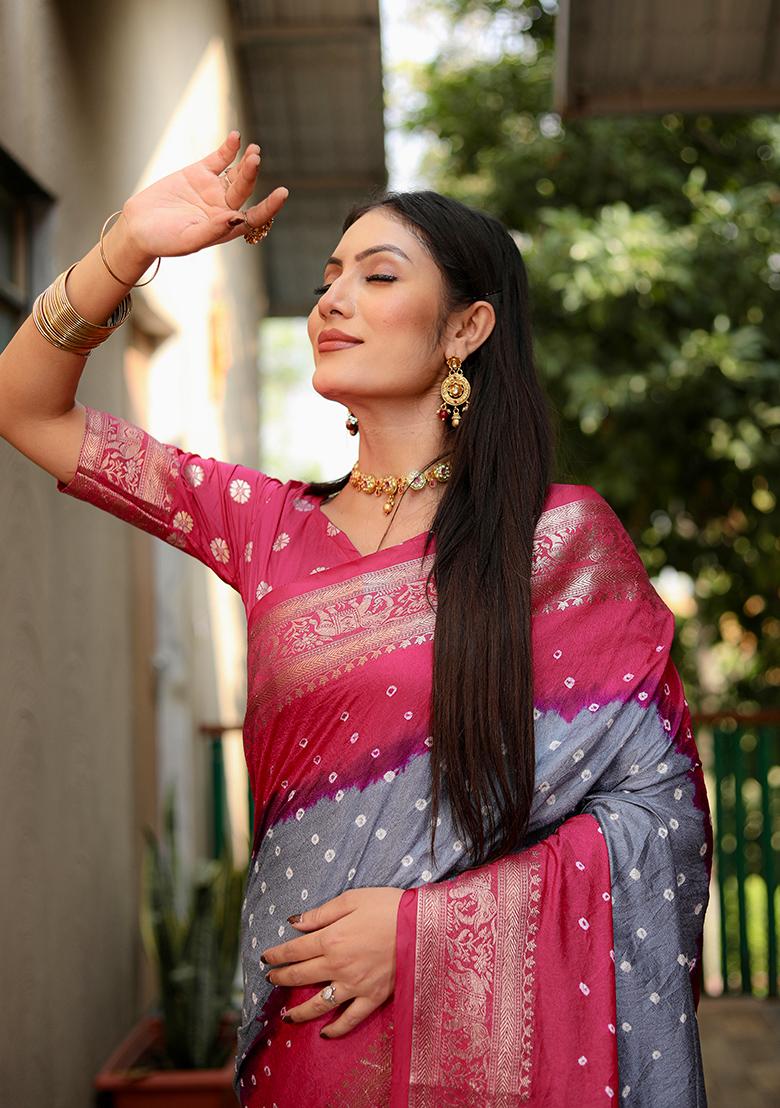 Grey Zari Work Silk Saree Set