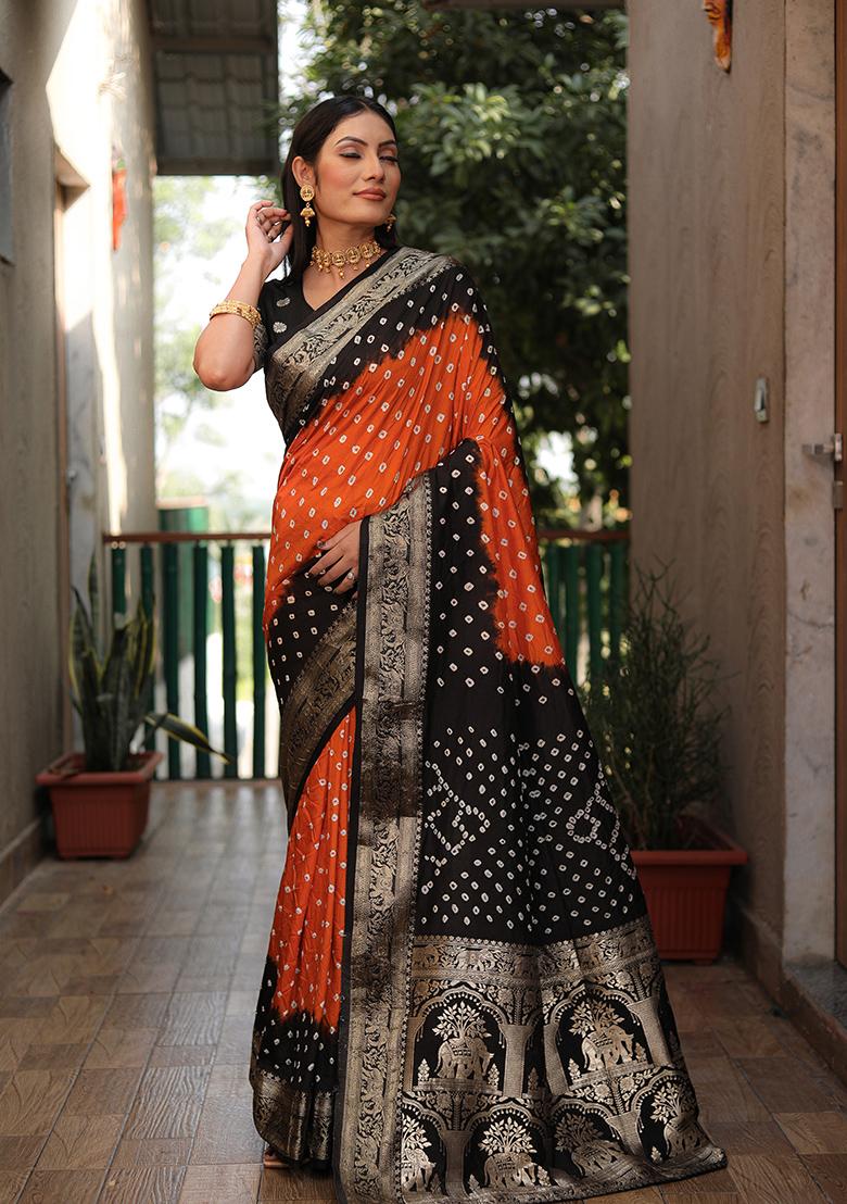 Orange Zari Work Silk Saree Set
