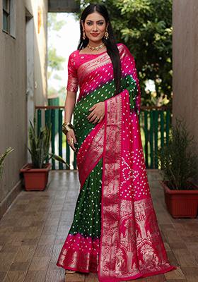 Rani Pink Zari Work Silk Saree Set
