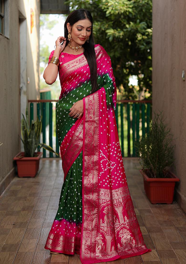 Rani Pink Zari Work Silk Saree Set