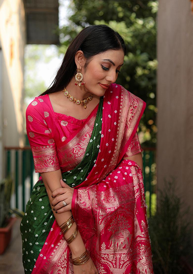 Rani Pink Zari Work Silk Saree Set