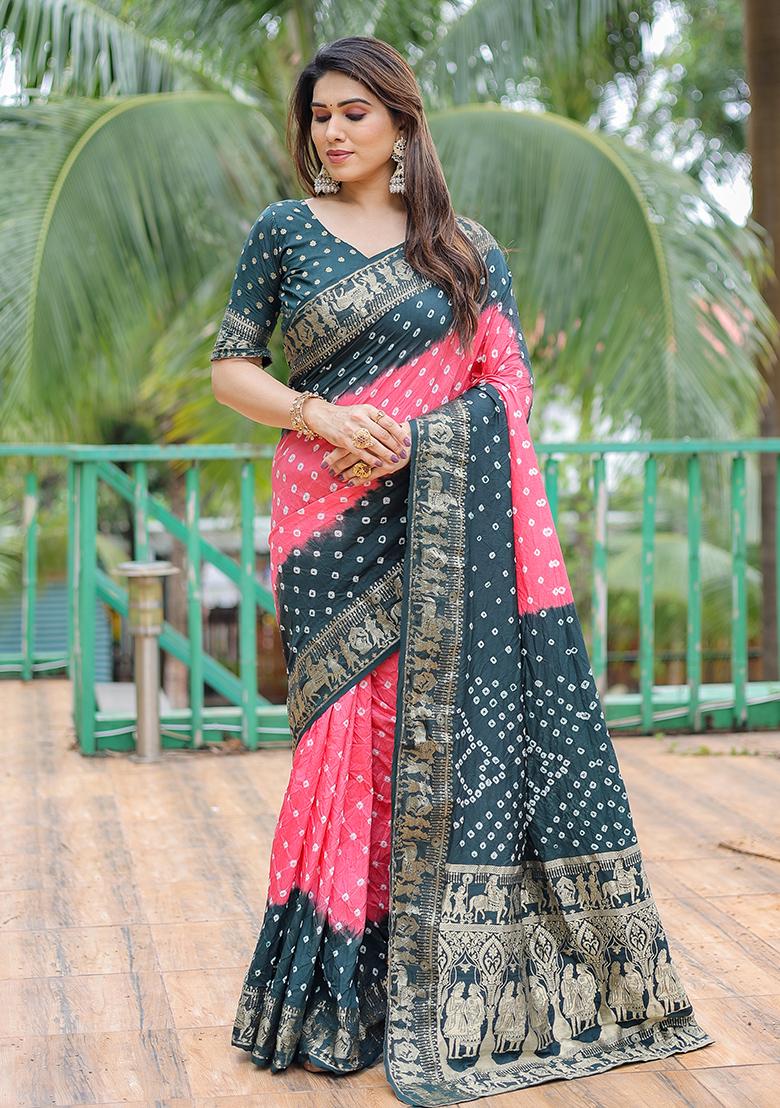 Dark Teal Bandhani Print Silk Saree Set