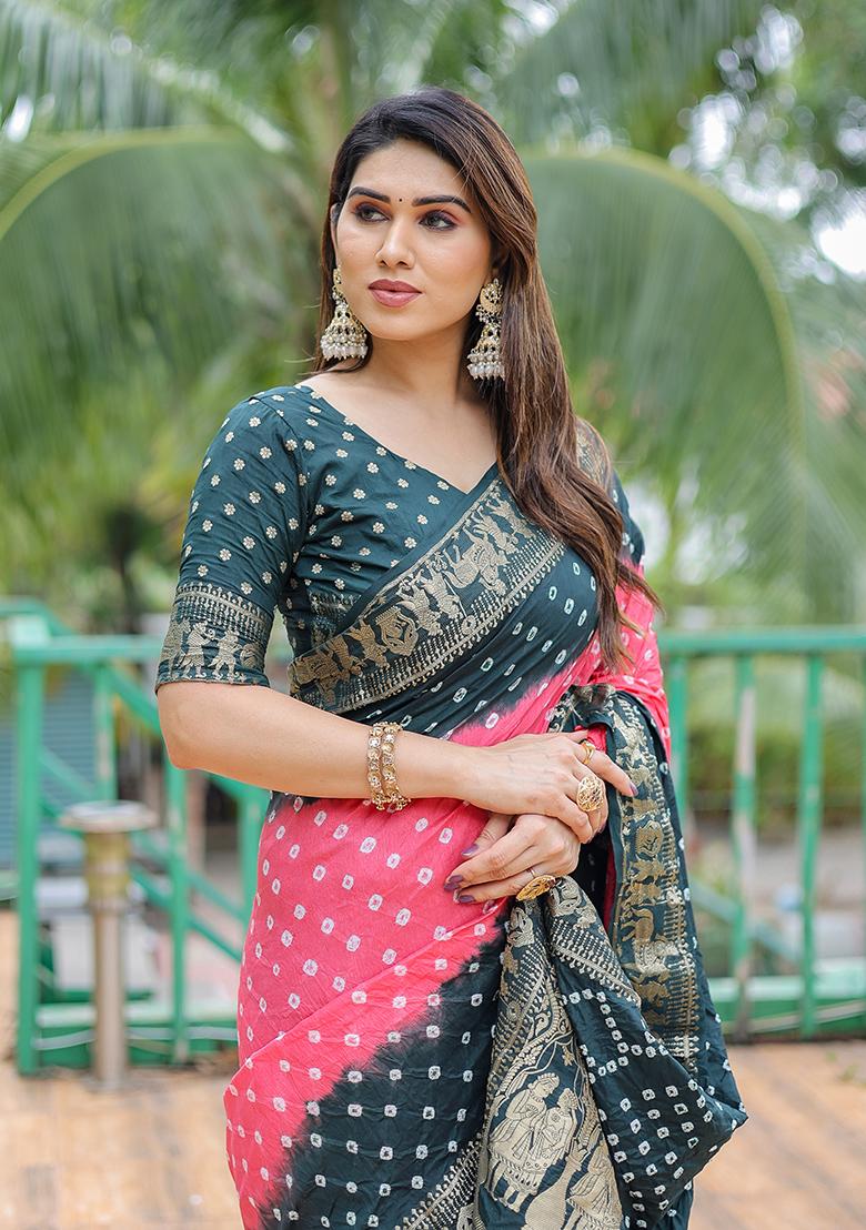 Dark Teal Bandhani Print Silk Saree Set