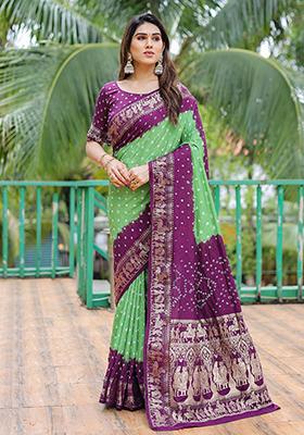 Maroon Bandhani Print Silk Saree Set
