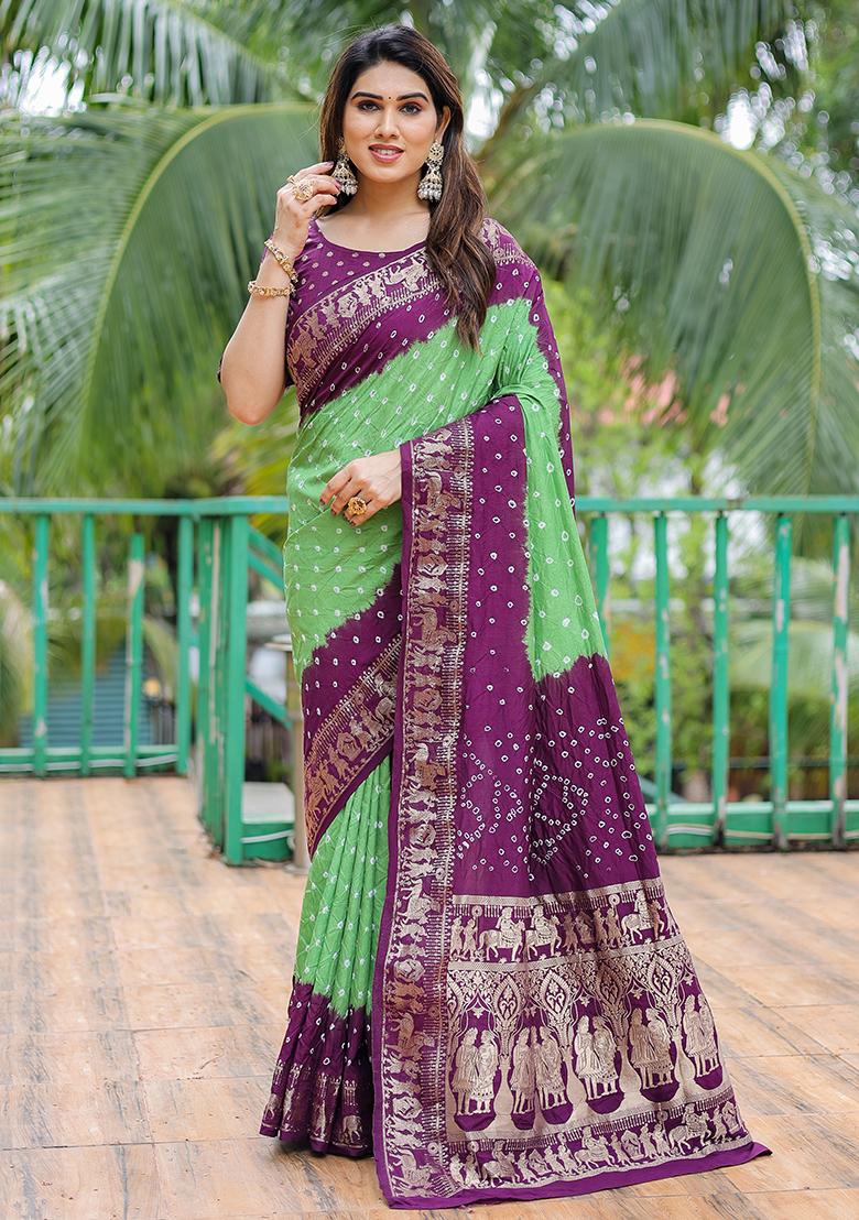 Maroon Bandhani Print Silk Saree Set