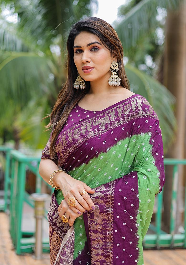 Maroon Bandhani Print Silk Saree Set