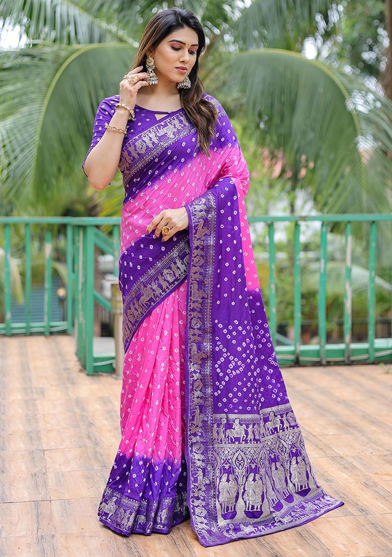 Purple Bandhani Print Silk Saree Set