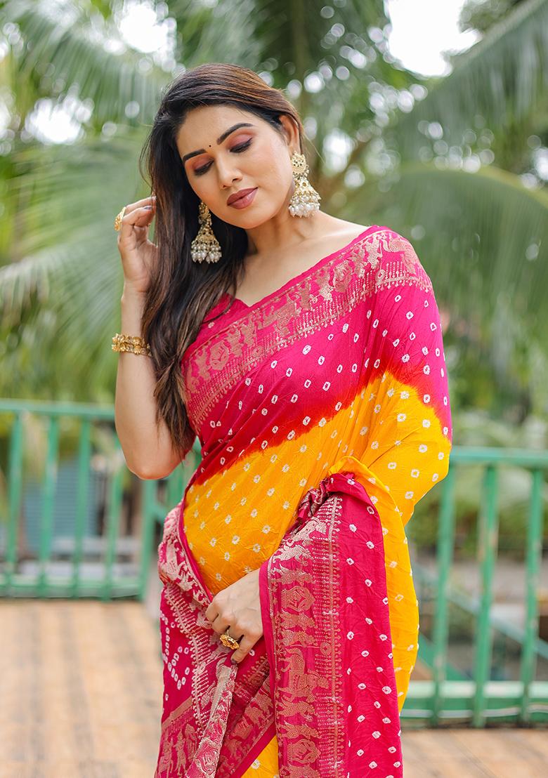 Rani Pink Bandhani Print Silk Saree Set
