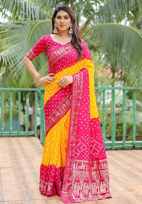 Rani Pink Bandhani Motif Woven Saree with Gotta Finish