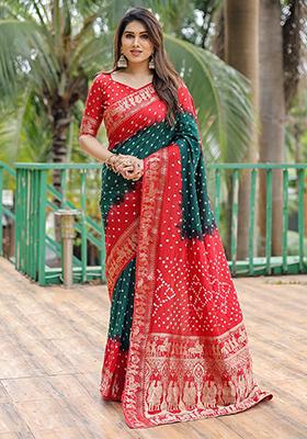 Red Bandhani Print Silk Saree Set