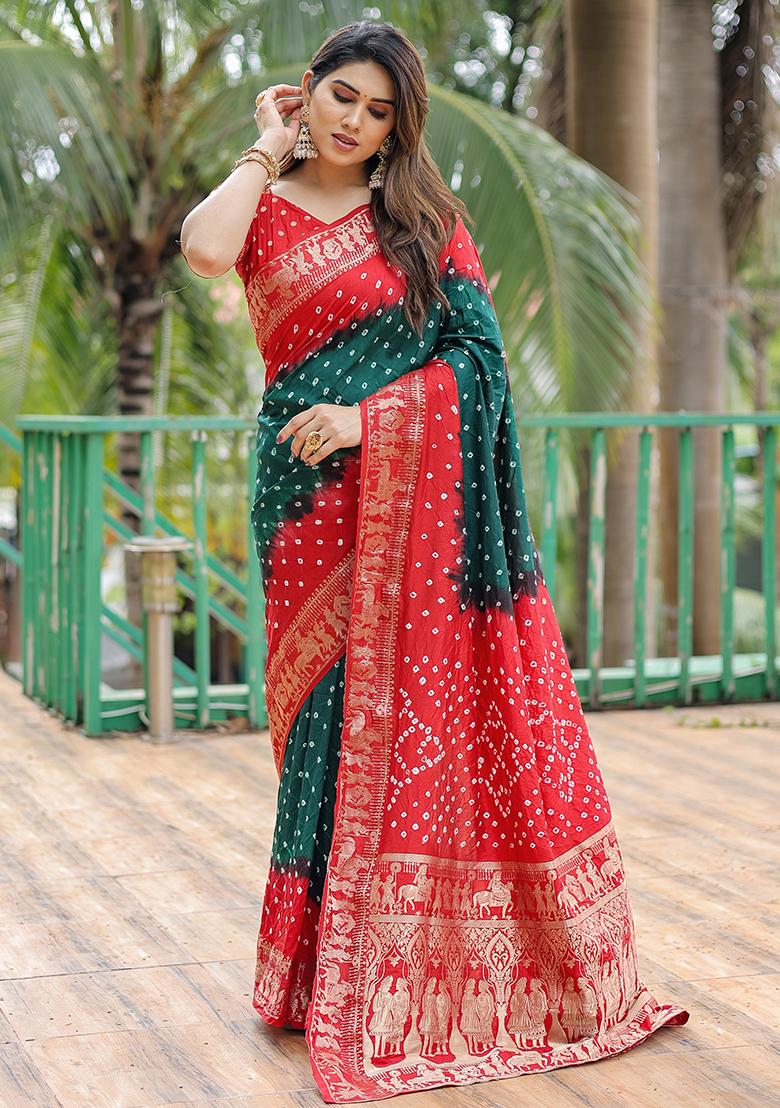 Red Bandhani Print Silk Saree Set