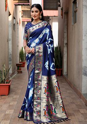 Dark Blue Printed Silk Saree Set