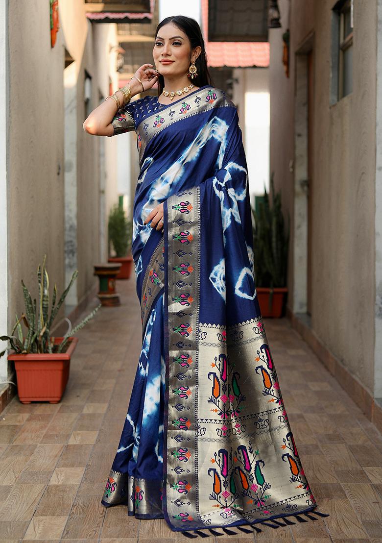 Dark Blue Printed Silk Saree Set