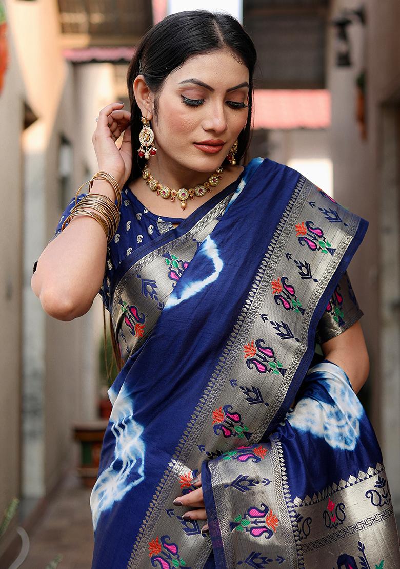 Dark Blue Printed Silk Saree Set