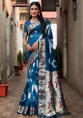 Deep Blue Printed Silk Saree Set