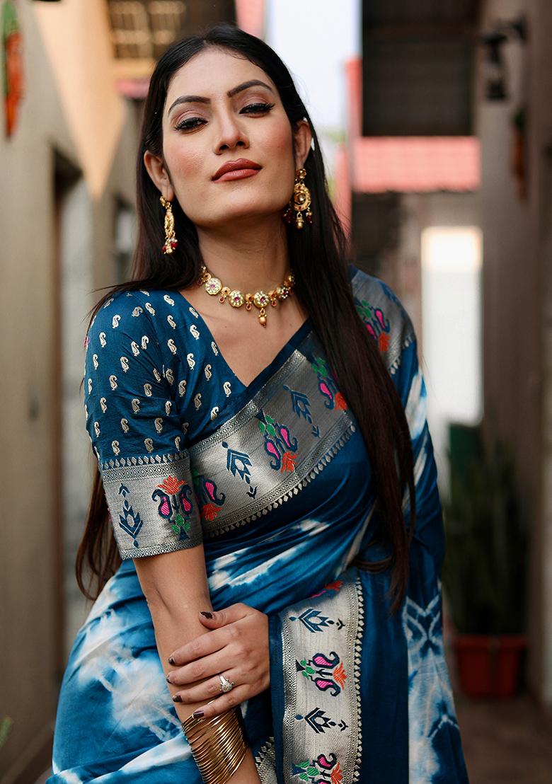 Deep Blue Printed Silk Saree Set