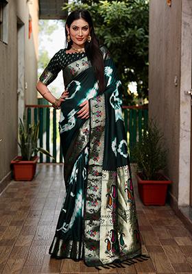 Green Printed Silk Saree Set