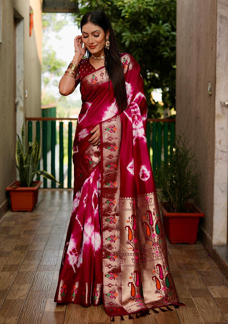 Maroon Printed Silk Saree Set
