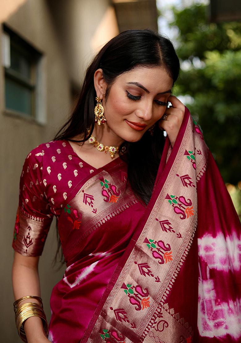 Maroon Printed Silk Saree Set