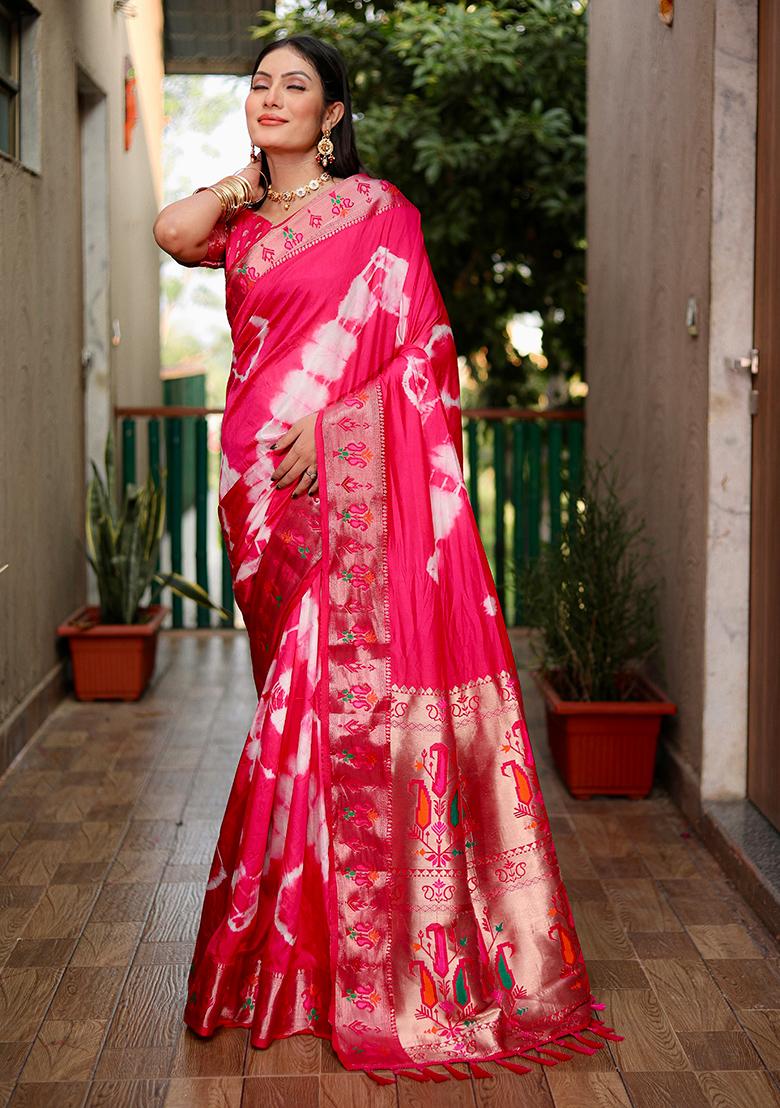 Rani Pink Printed Silk Saree Set
