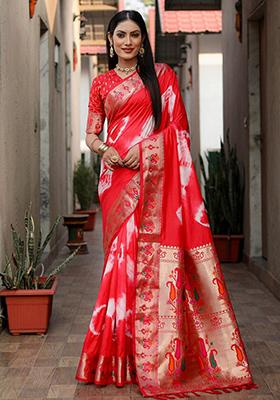 Red Printed Silk Saree Set
