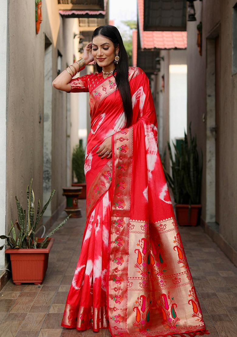 Red Printed Silk Saree Set