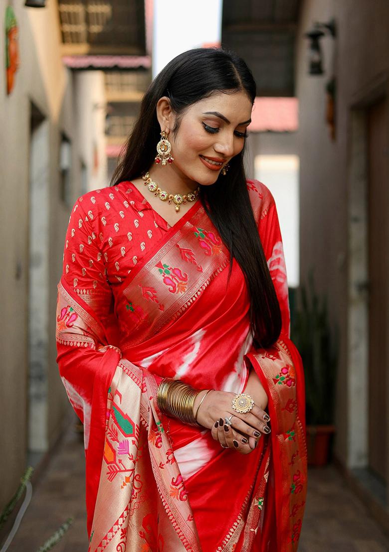 Red Printed Silk Saree Set