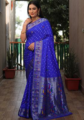 Blue Zari Work Silk Saree Set