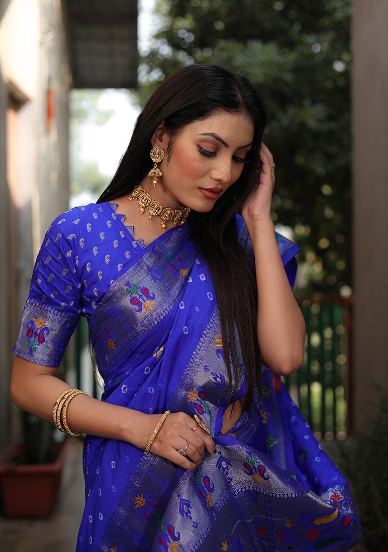 Blue Zari Work Silk Saree Set
