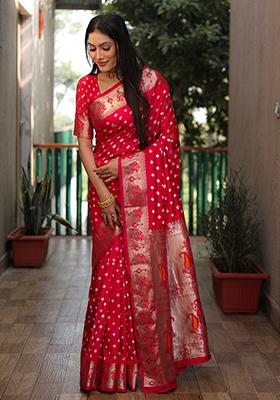Cherry Red Zari Work Silk Saree Set