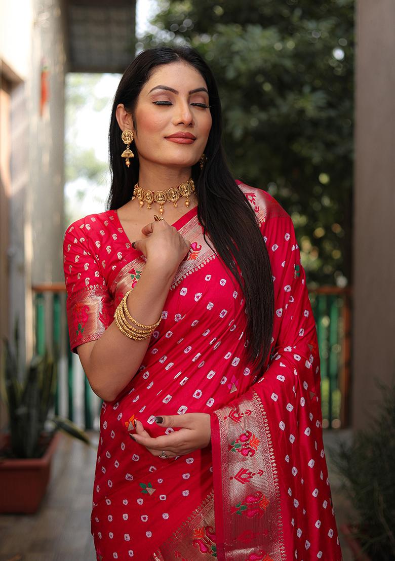 Cherry Red Zari Work Silk Saree Set