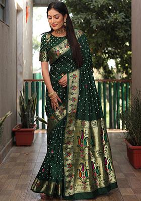 Dark Green Zari Work Silk Saree Set