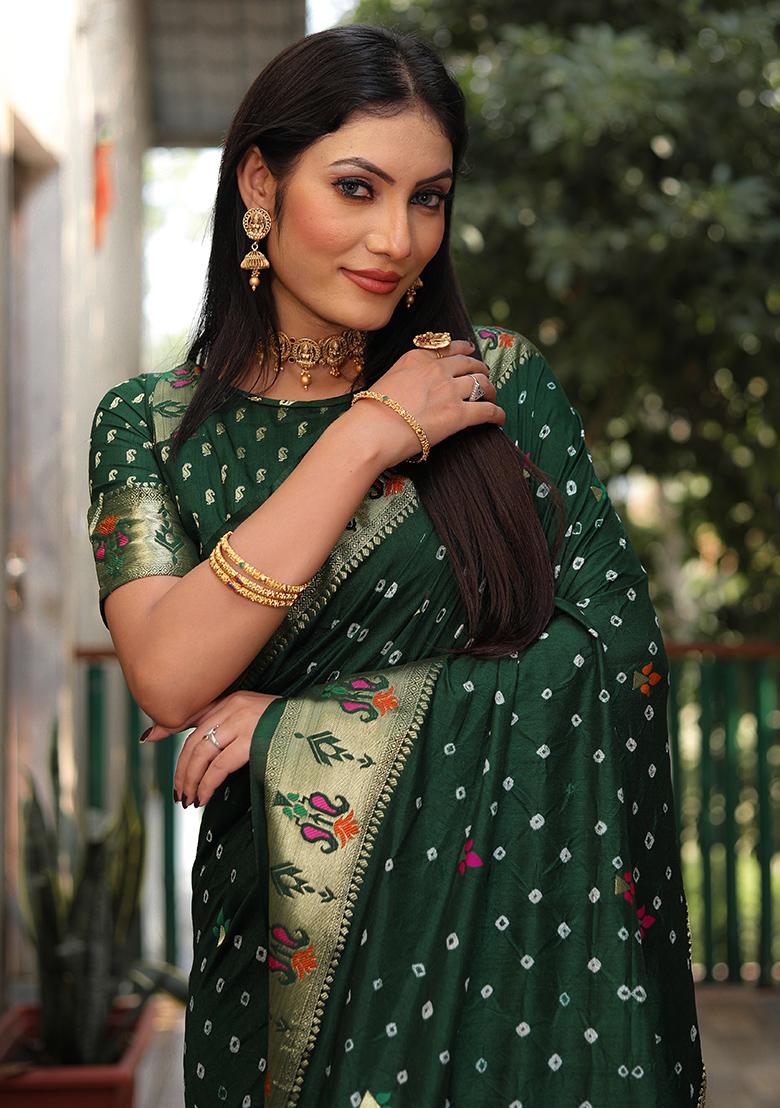 Dark Green Zari Work Silk Saree Set