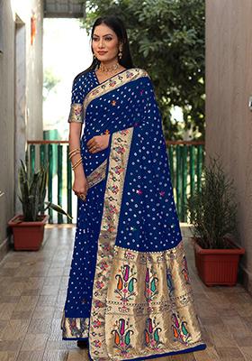Navy Blue Zari Work Silk Saree Set