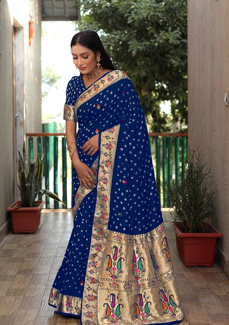 Navy Blue Zari Work Silk Saree Set