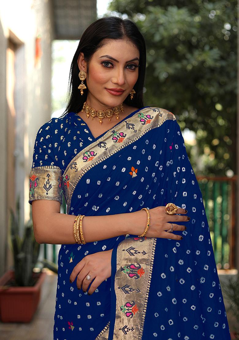 Navy Blue Zari Work Silk Saree Set