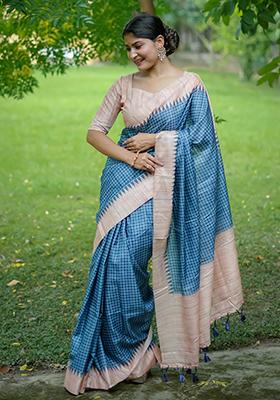 Blue Solid Tussar Silk Saree Set