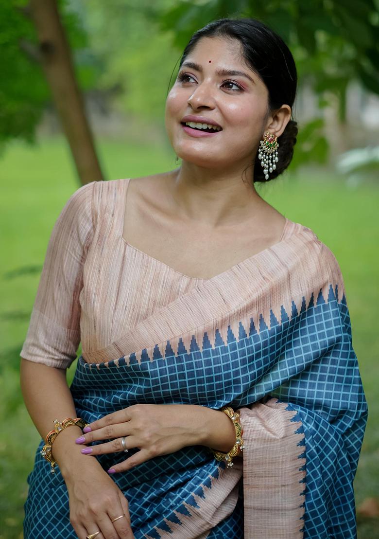 Blue Solid Tussar Silk Saree Set