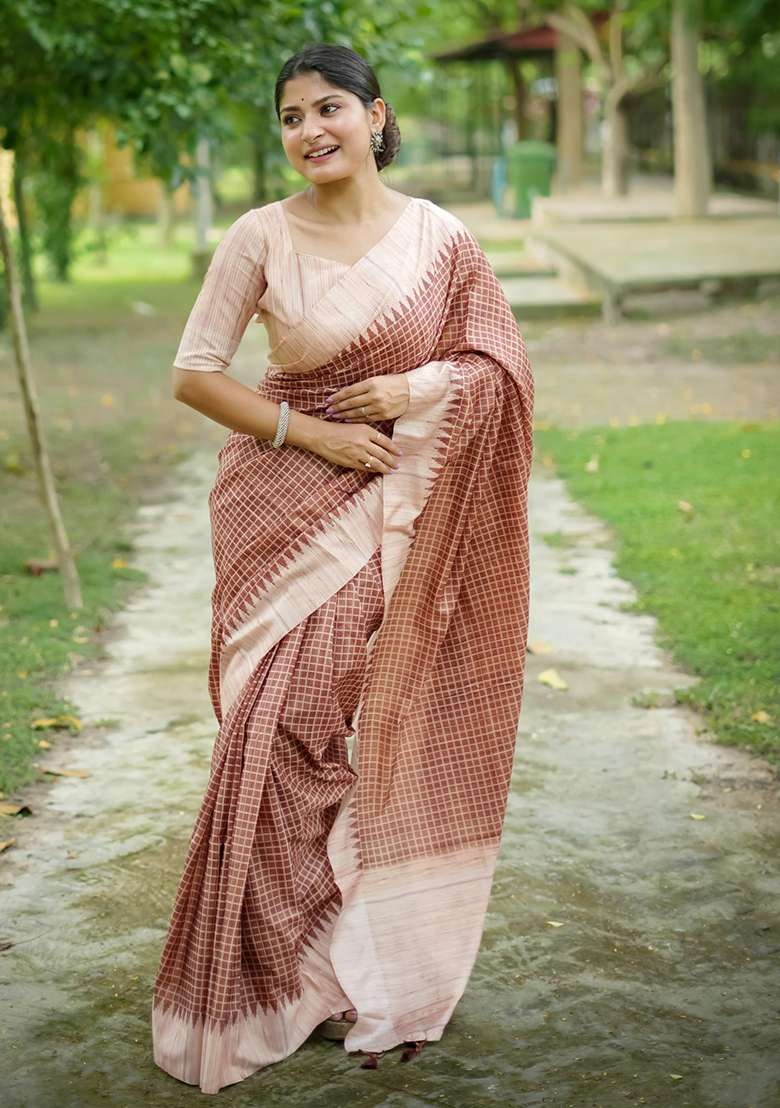 Brown Solid Tussar Silk Saree Set for Diwali | Wedding & Festive Wear - Indya