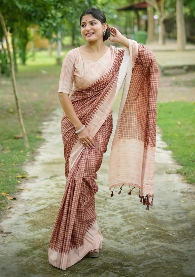 Brown Solid Tussar Silk Saree Set